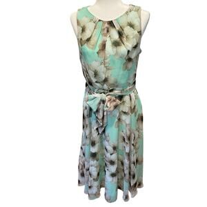 Jessica Howard Midi Dress Mint Green Floral Belted Sz 8 Sleeveless Lined Flowy